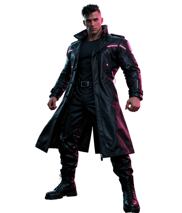 Max im Cyberpunk-Noir-Mantel mit pinkfarbenem Neon steht neben der Spiele&uuml;bersicht von Gizbo Casino