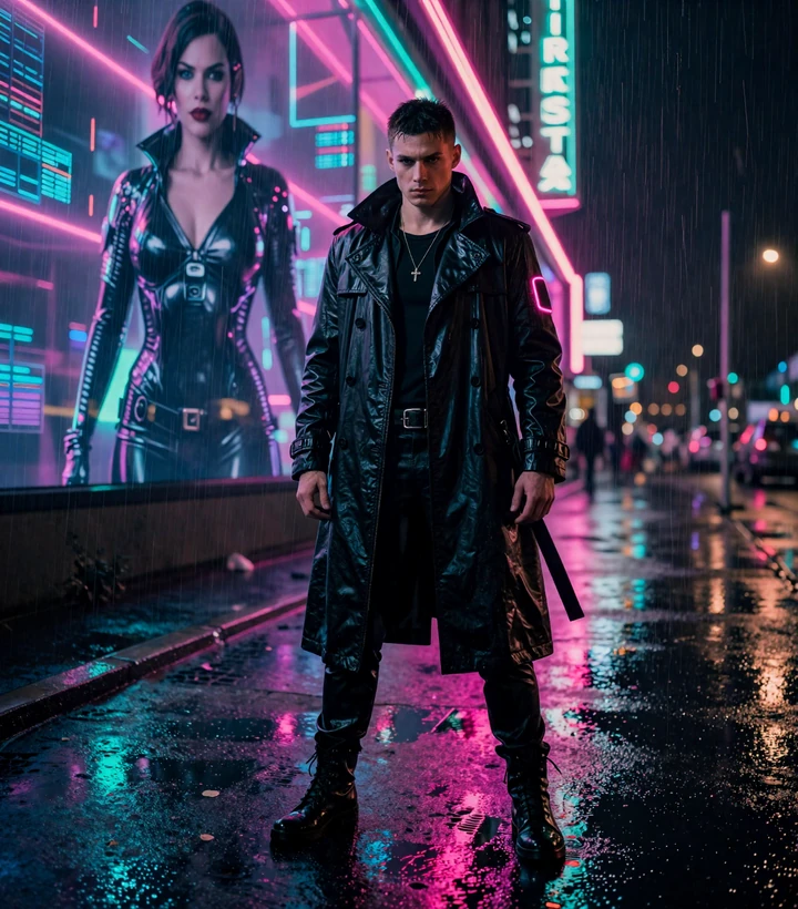 Max in schwarzem Mantel mit Neon-Pink-Details auf nassem Asphalt mit Eva als holografische Reflexion - Gizbo Casino Cyberpunk Hero