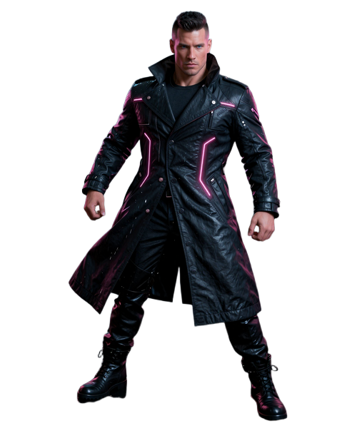 Max im Cyberpunk-Noir-Stil mit schwarzem Mantel und rosa Neon-Akzenten pr&auml;sentiert die Sportwetten-Boni von Gizbo Casino
